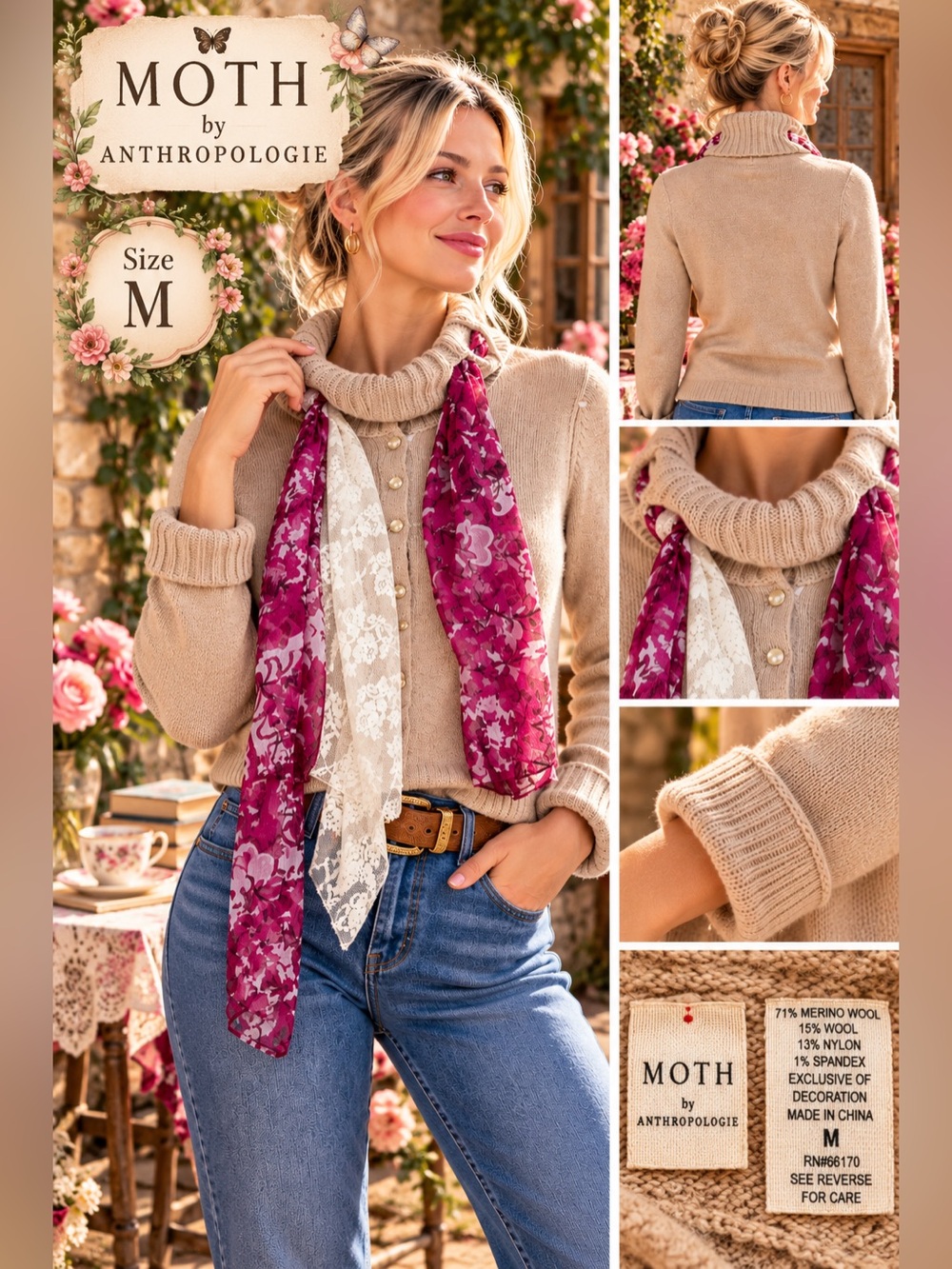 M - MOTH by Anthropology - Floral Scarf in Magenta & Cream Lace